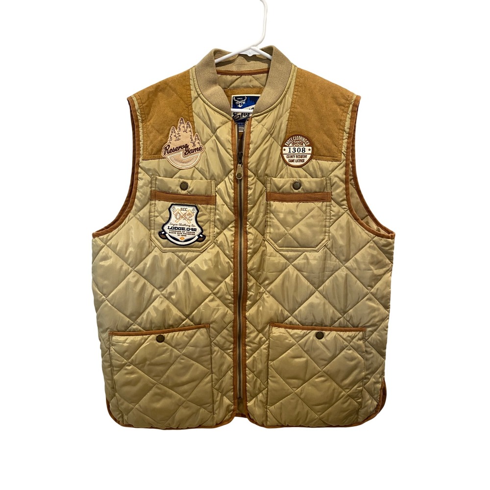 Enyce Clothing Co Quilted Puffer Vest Mens Tan Suede Accents‎ Patches Size XL